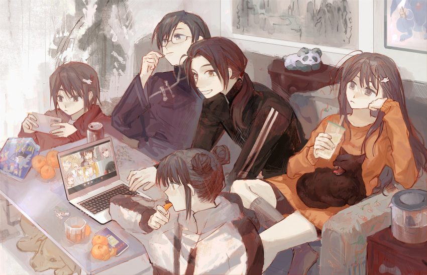 2girls, 3boys, america_(hetalia), animal_on_lap, axis_powers_hetalia, cat, cat_on_lap, cellphone, character_request, china_(hetalia), chinese_clothes, computer, couch, cup, dog, erweimaoyou, food, fruit, genderswap, genderswap_(mtf), highres, holding, holding_cup, holding_phone, hong_kong_(hetalia), hood, hoodie, jersey, laptop, looking_at_phone, macau_(hetalia), mandarin_orange, multiple_boys, multiple_girls, on_couch, on_lap, painting_(object), panda, phone, russia_(hetalia), sitting, smartphone, sweater, table, taiwan_(hetalia), united_kingdom_(hetalia), video_call