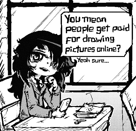 1girl, bags_under_eyes, book, cellphone, commentary, desk, english_commentary, english_text