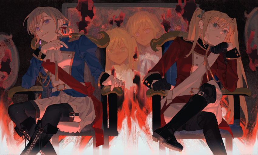 2girls, aiguillette, ascot, axis_powers_hetalia, belt, black_footwear, black_thighhighs, blonde_hair