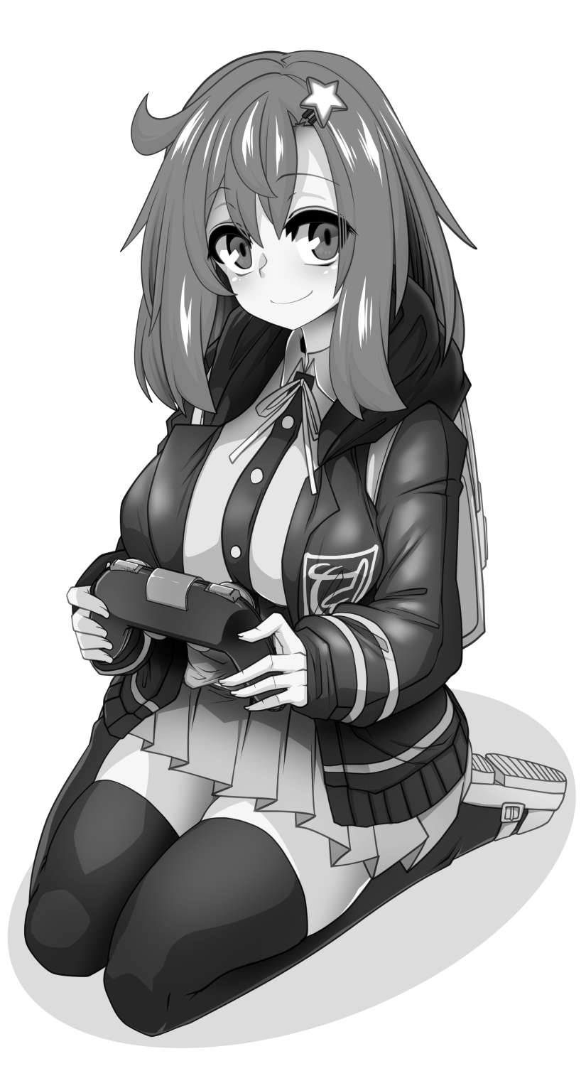 1girl, backpack, bag, breasts, closed_mouth, collared_shirt, commission, controller, cosplay, danganronpa_(series), danganronpa_2:_goodbye_despair, dress_shirt, game_controller, greyscale, hair_ornament, highres, holding, holding_controller, holding_game_controller, hood, hood_down, hooded_jacket, jacket, large_breasts, lazy_ant, long_hair, long_sleeves, looking_at_viewer, monochrome, nanami_chiaki, nanami_chiaki_(cosplay), neck_ribbon, open_clothes, open_jacket, pixiv_commission, playing_games, pleated_skirt, ribbon, seiza, shirt, shoes, sitting, skirt, smile, star_(symbol), star_hair_ornament, thigh-highs