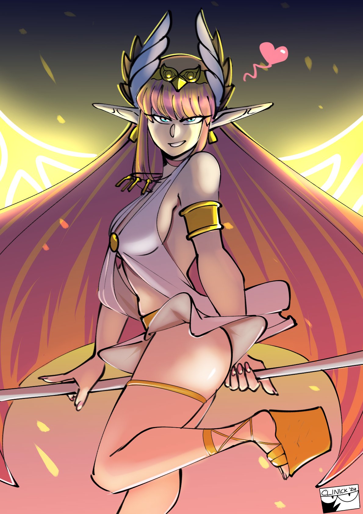 1girl, armlet, breasts, circe_(fate), circlet, clinickcase, cross-laced_sandals, earrings, fate/grand_order, fate_(series), head_wings, headpiece, heart, highres, holding, holding_staff, jewelry, long_hair, medium_breasts, midriff, moon, multicolored_eyes, navel, panties, pink_hair, pink_nails, pointy_ears, sandals, smile, solo, staff, stomach, sun, thighlet, underwear, very_long_hair, weapon, winged_hair_ornament, wings