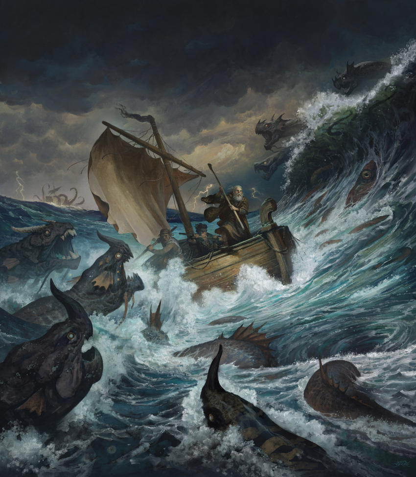 3boys, absurdres, boat, clouds, cloudy_sky, creature, highres, holding