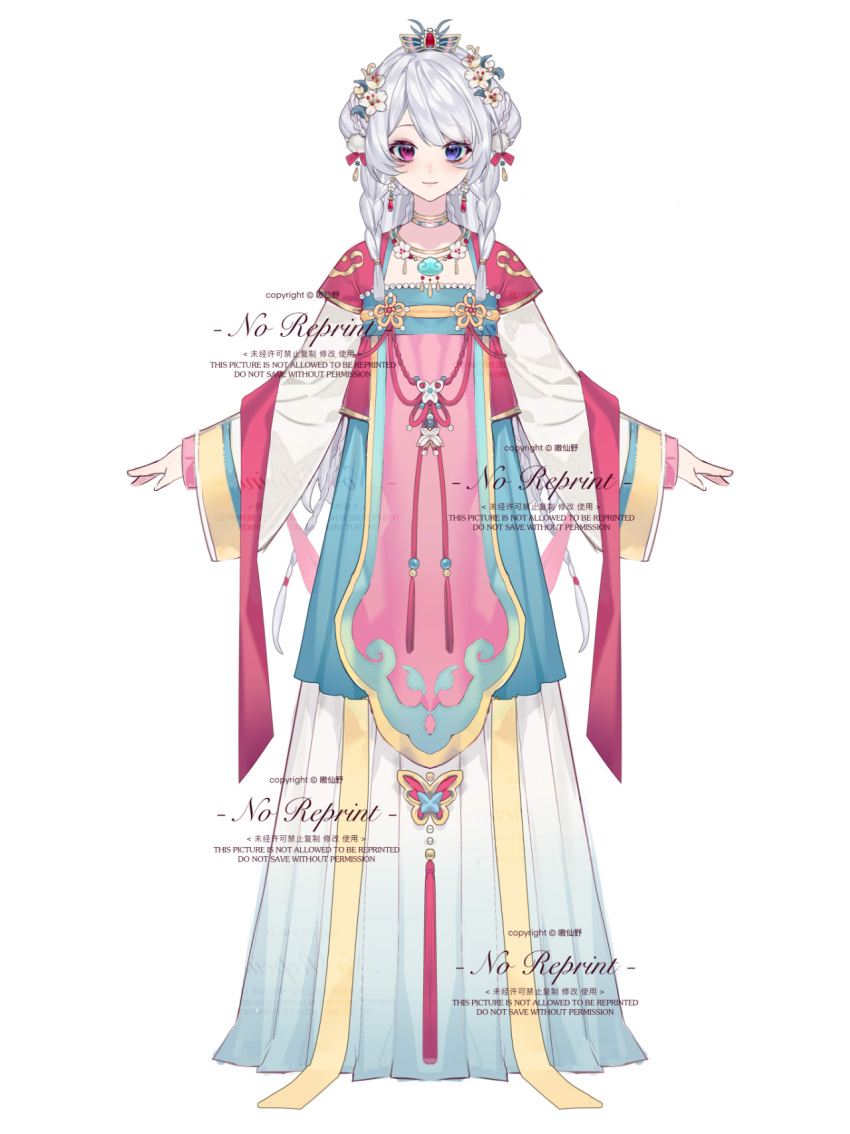 braid, chinese_clothes, chineseclothes, closedmouth, doublebun, dress, earrings, englishtext, flower, fullbody, greyhair, hairflower, hairornament, hanfu, heterochromia, highres, jewelry, longsleeves, necklace, original, purpleeyes, qixiong_ruqun, redeyes, ruqun, standing, straight-on, tassel, verylonghair, whitebackground, whitehair, widesleeves