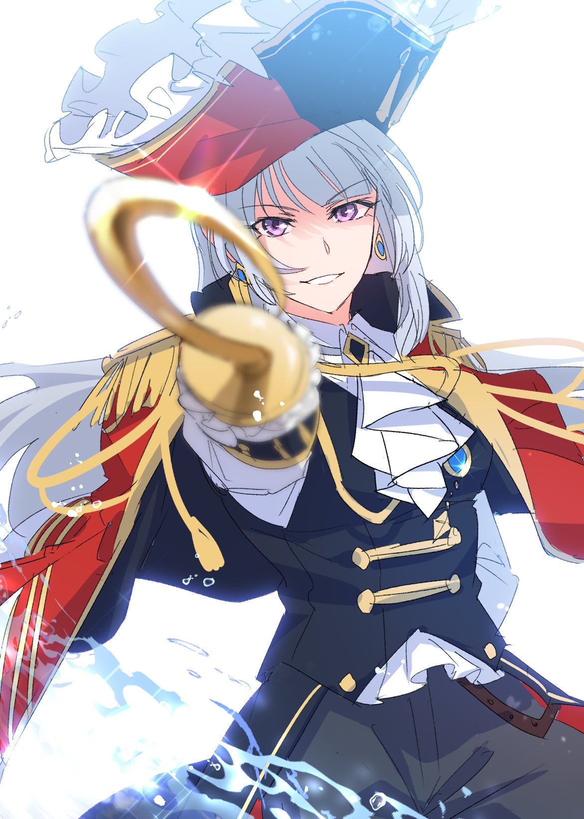 1girl, arm_behind_back, ascot, bicorne, black_hat, black_pants, black_vest, blurry