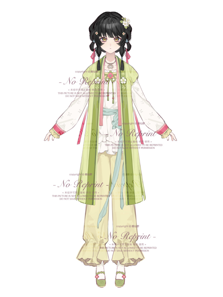 1girl, blackhair, braid, chinese_clothes, chineseclothes, duijin_ruqun, flower, fullbody