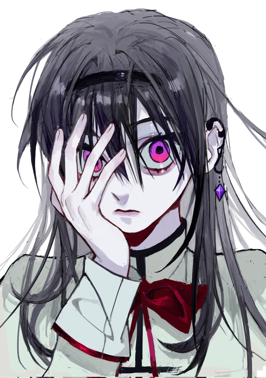 1girl, akemi_homura, bags_under_eyes, black_hair, black_hairband, bow, ear_cuffs, ear_ornament