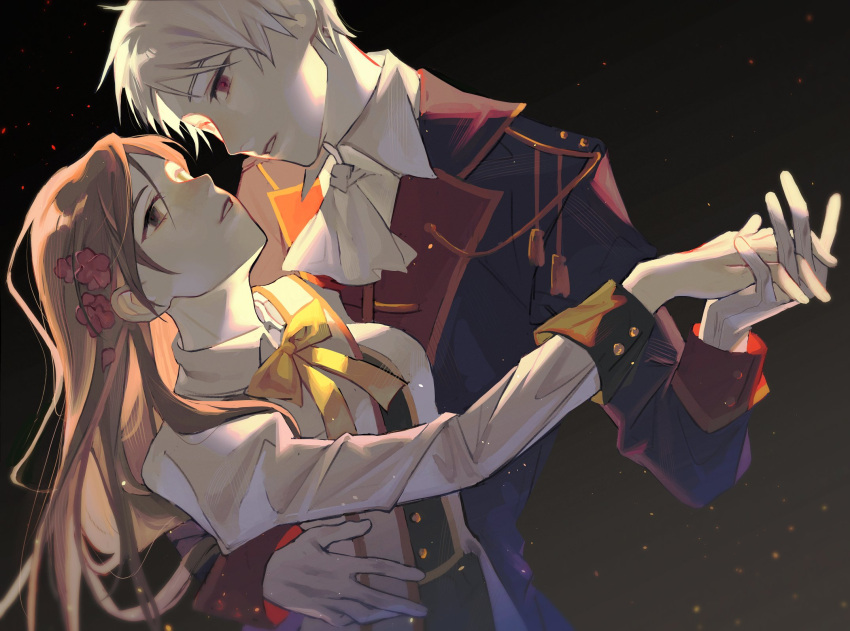 1boy, 1girl, ascot, axis_powers_hetalia, black_background, brown_eyes, brown_hair, dancing
