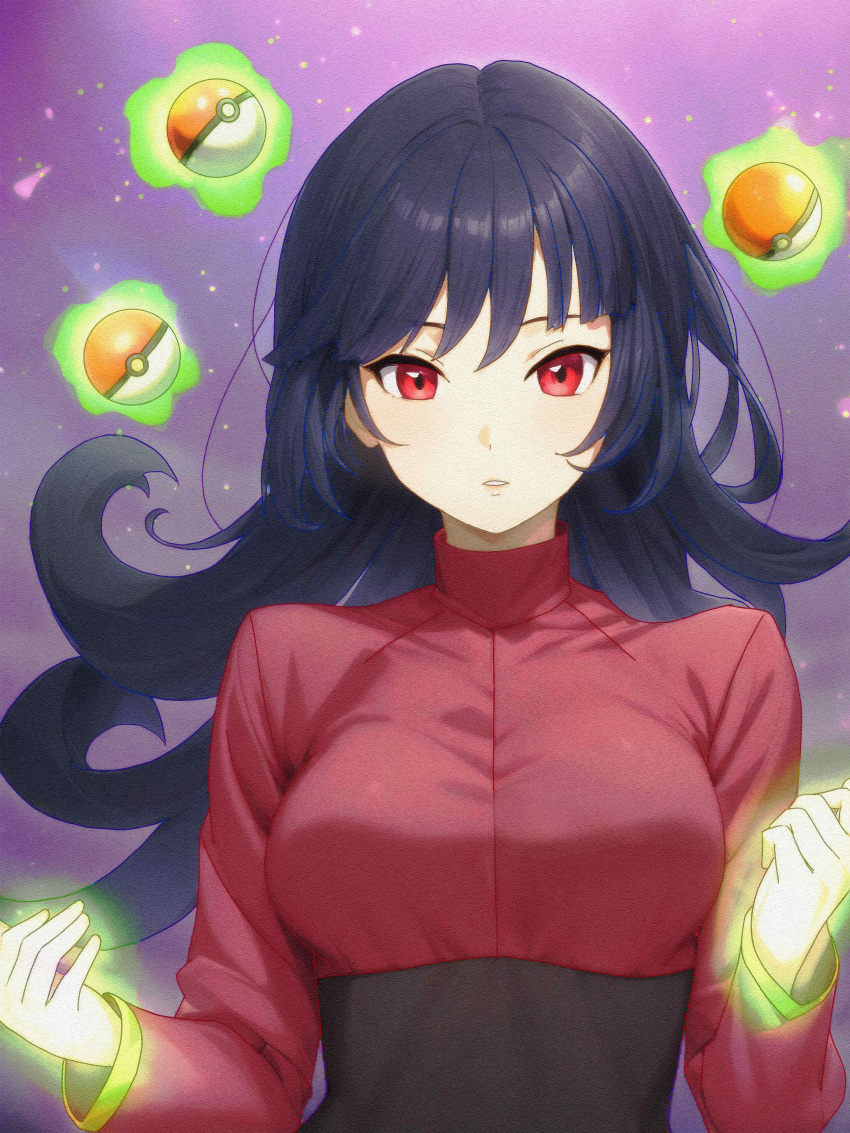 1girl, absurdres, black_hair, bodysuit, closed_mouth, commentary_request, goromochan, highres, long_hair, long_sleeves, looking_at_viewer, poke_ball, poke_ball_(basic), pokemon, pokemon_rgby, purple_background, red_bodysuit, red_eyes, sabrina_(pokemon), simple_background, solo, telekinesis, turtleneck