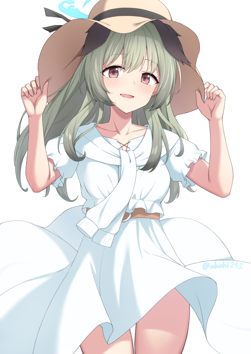 1girl, akahi242, animal_ears, blue_archive, brown_eyes, clothes_lift, cowboy_shot, dog_ears