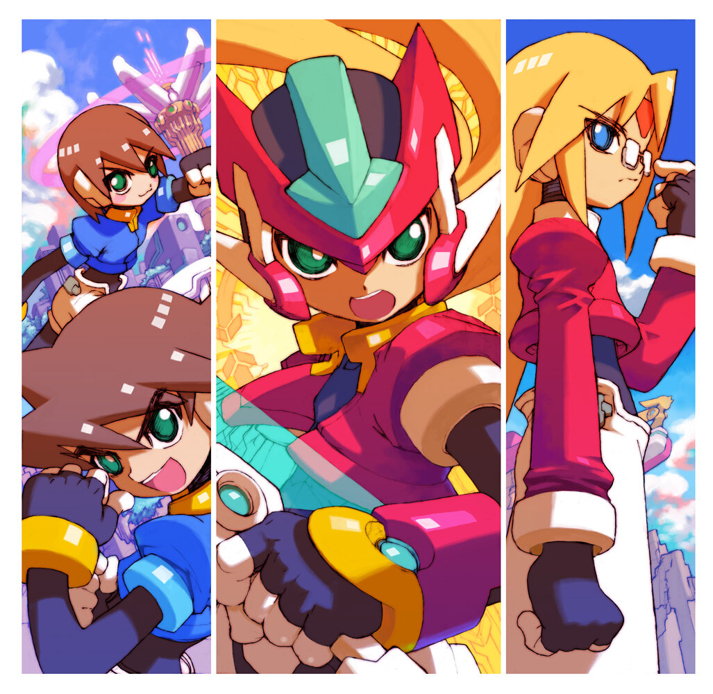 1girl, 2boys, aile_(mega_man_zx), armor, blonde_hair, blue_eyes, blue_jacket, border