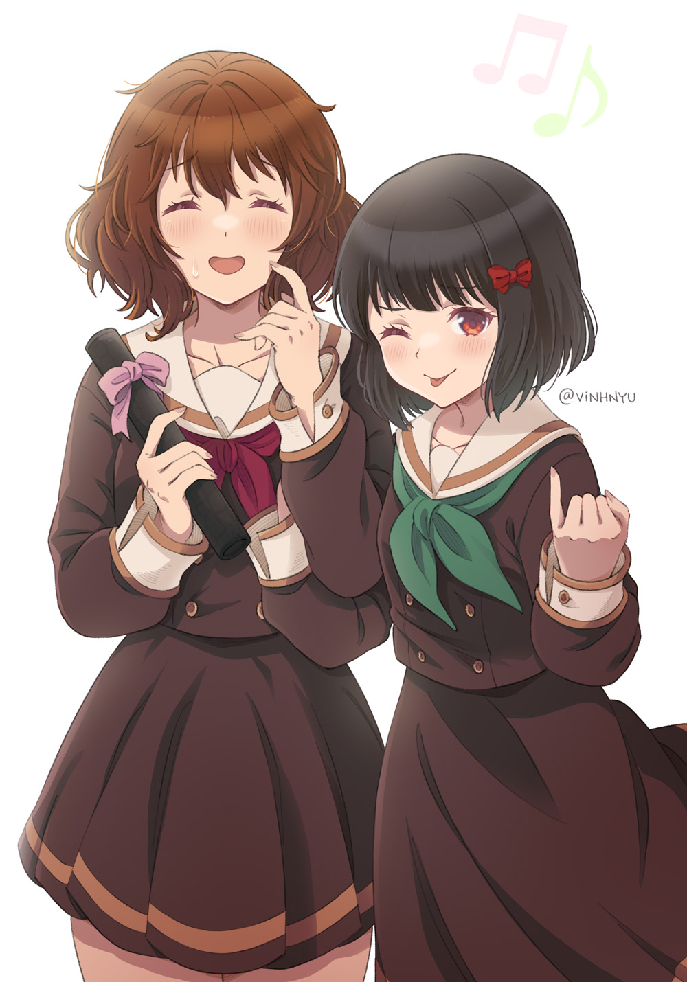 2girls, :p, ^_^, artist_name, black_hair, black_shirt, black_skirt, blush