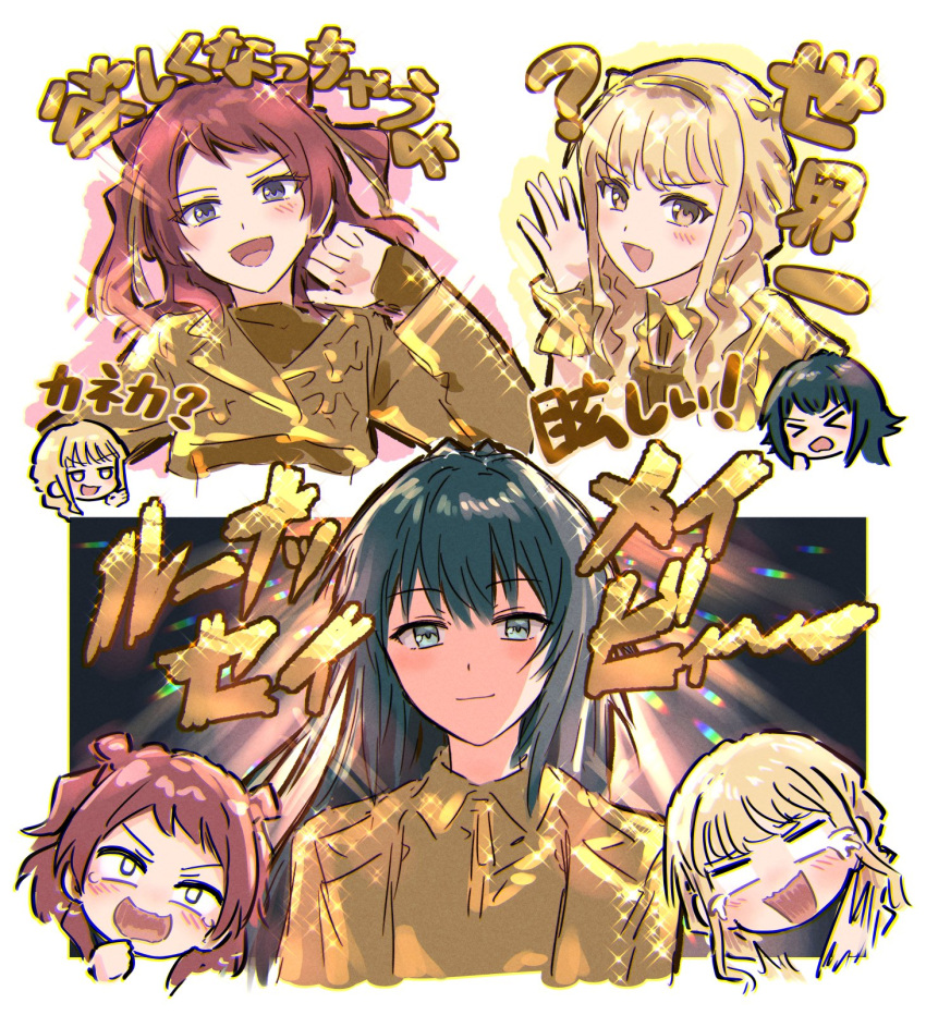 3girls, :d, alternate_color, blonde_hair, blush, brown_hair, bullfalk, closed_mouth