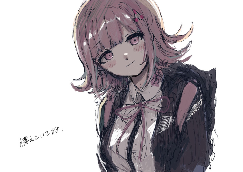 1girl, black_jacket, black_shirt, blunt_bangs, blush, closed_mouth, collared_shirt, danganronpa_(series), danganronpa_2:_goodbye_despair, highres, hood, hood_down, ima_neru, jacket, long_sleeves, medium_hair, nanami_chiaki, neck_ribbon, open_clothes, open_jacket, pink_eyes, pink_ribbon, ribbon, shirt, simple_background, smile, solo, spaceship_hair_ornament, translation_request, two-tone_shirt, white_background