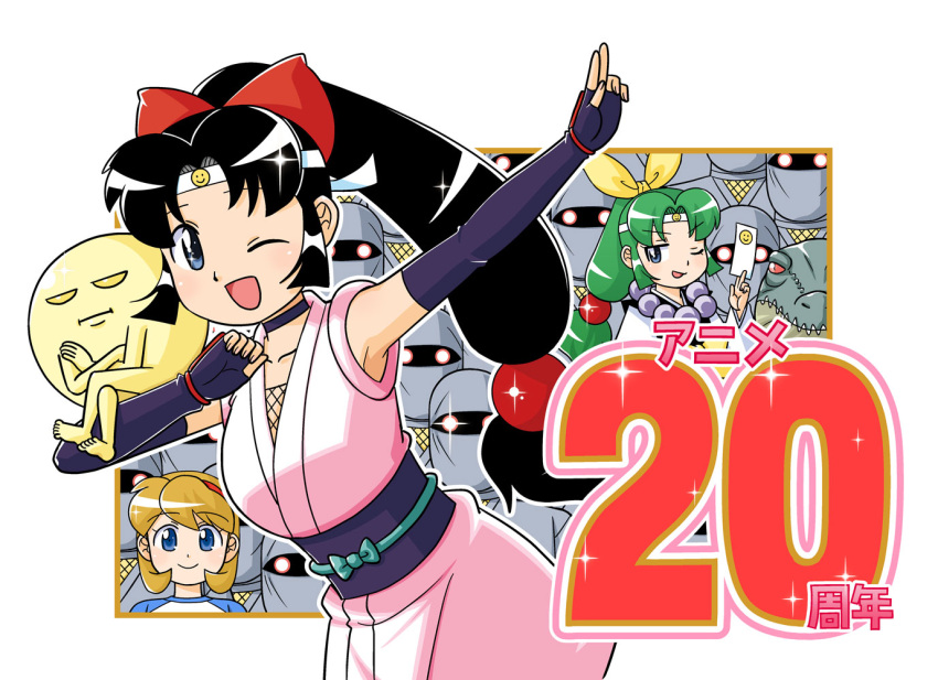 3girls, blonde_hair, breasts, dengeki_daioh, green_hair, japanese_clothes, koga_ryouichi, loli