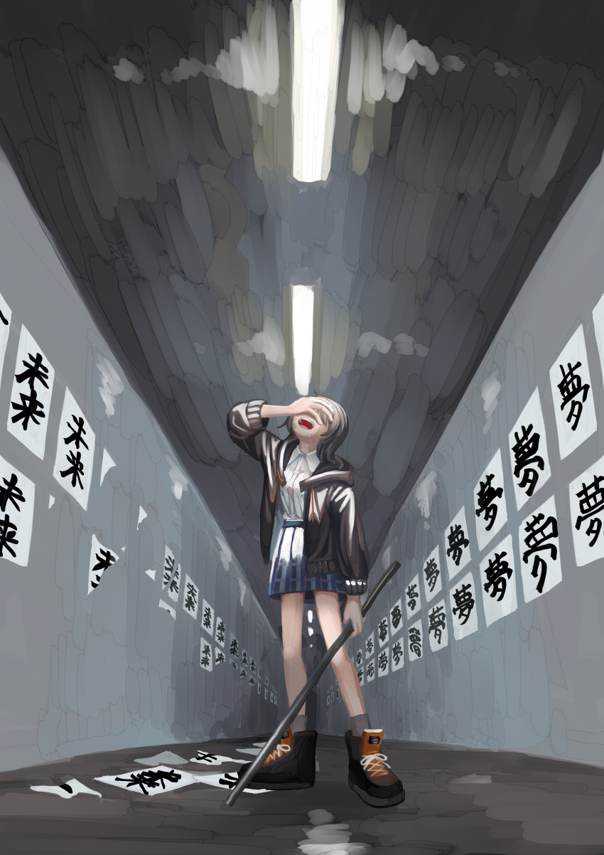 1girl, absurdres, black_footwear, black_hair, boots, ceiling_light, covering_own_eyes, delinquent