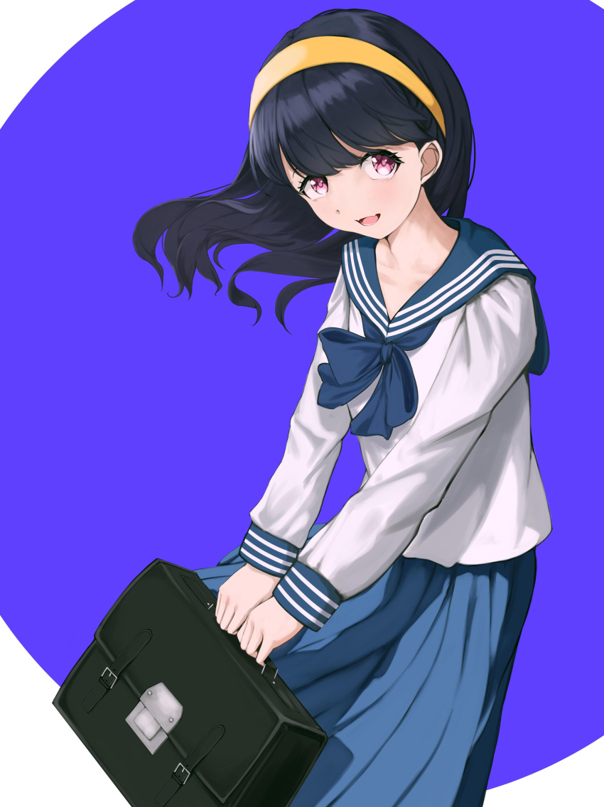 1girl, absurdres, bag, blue_background, blue_sailor_collar, blue_skirt, clearline, commentary_request