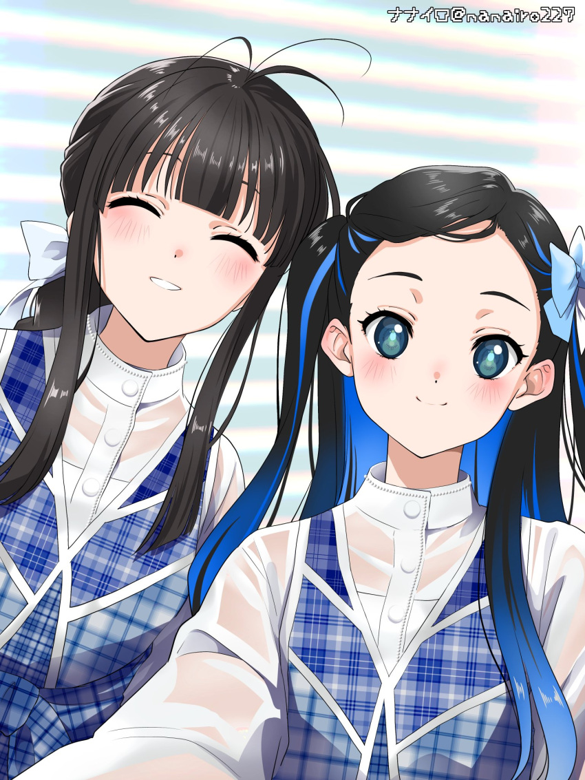 22/7, 2girls, artist_name, black_hair, blue_eyes, blue_hair, blunt_bangs, braid