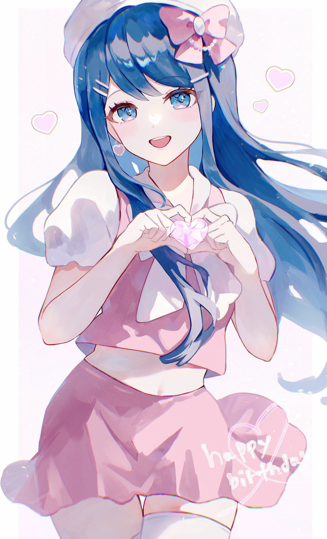 1girl, :d, blue_eyes, blue_hair, bow, bowtie, cowboy_shot, crop_top