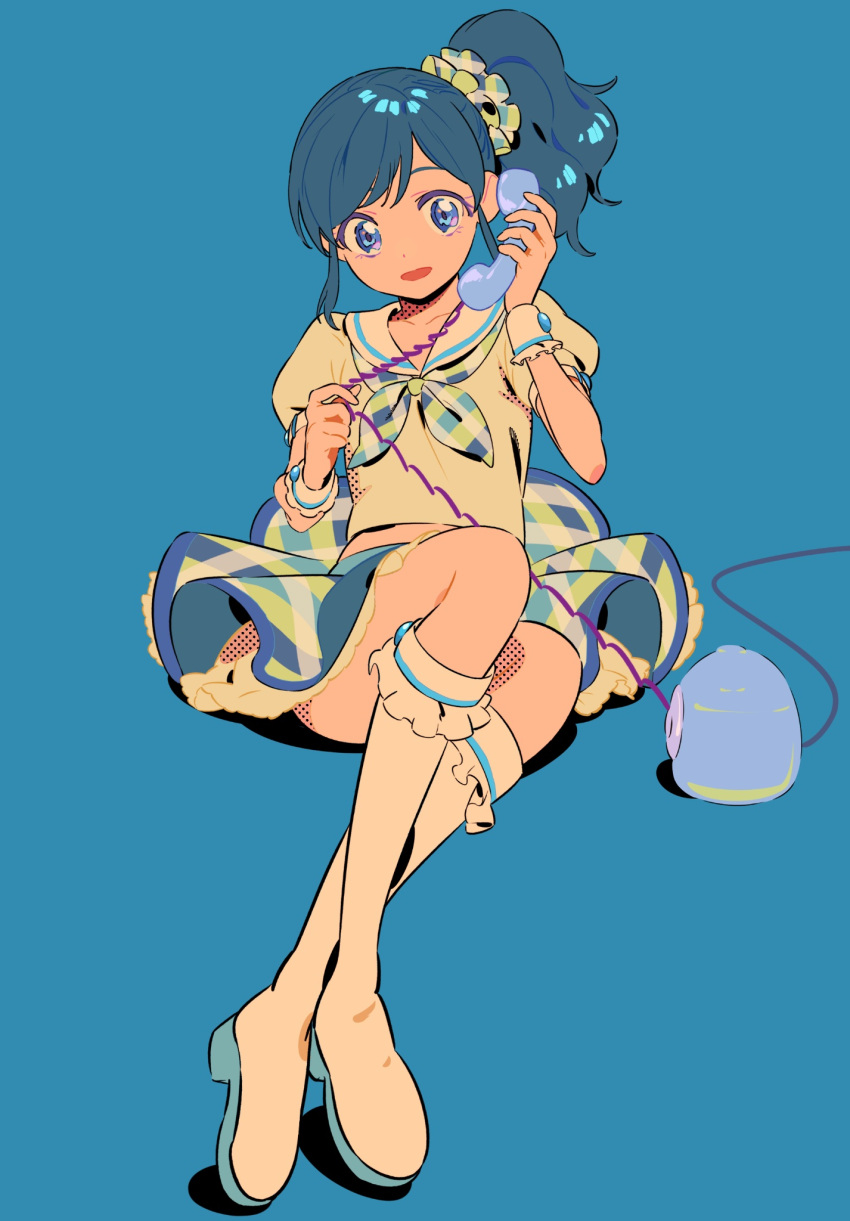 1girl, aikatsu!, aikatsu!_(series), antique_phone, ben-day_dots, blue_background, blue_eyes, blue_hair