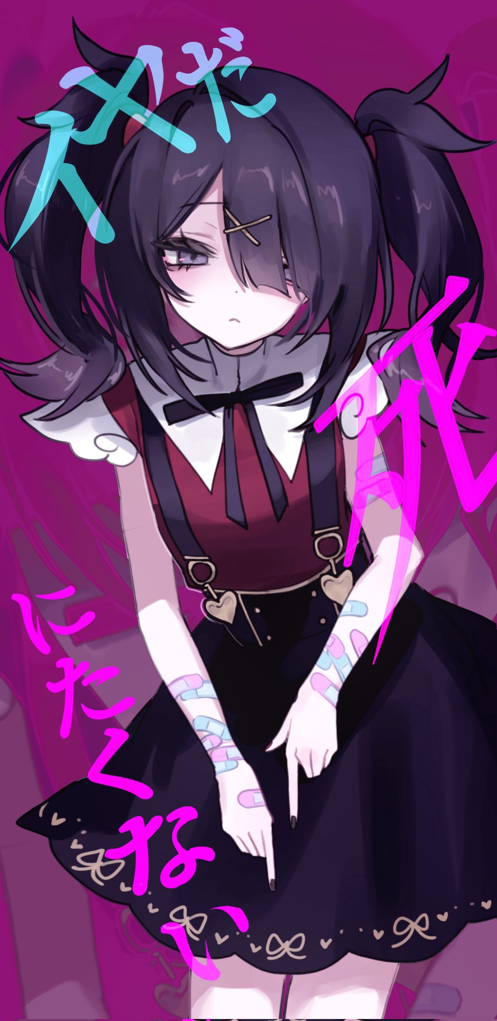 1girl, ame-chan_(needy_girl_overdose), bandaid, bandaid_on_arm, black_hair, black_nails, black_ribbon, braised_cutlass, collared_shirt, cowboy_shot, frown, hair_ornament, hair_over_one_eye, highres, internet_yamero, long_hair, looking_to_the_side, nail_polish, neck_ribbon, needy_girl_overdose, pink_background, pointing, pointing_down, red_shirt, ribbon, self-harm, self-harm_scar, shirt, skirt, solo, standing, suspender_skirt, suspenders, translation_request, twintails, x_hair_ornament