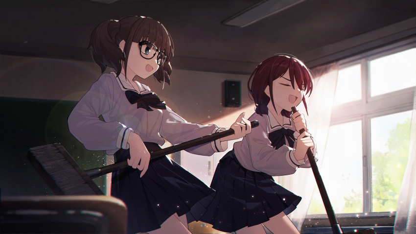 2girls, blue_bow, blue_bowtie, blue_shirt, blue_skirt, bow, bowtie, broom_guitar