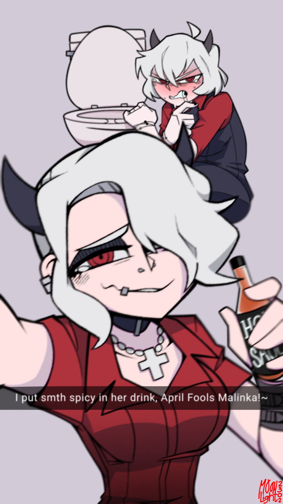 2girls, black_horns, black_vest, blush, bottle, copycat246, demon, demon_girl, demon_horns, ear_piercing, english_text, helltaker, highres, holding, holding_bottle, horns, hot_sauce, implied_vomiting, malina_(helltaker), mouth_piercing, multiple_girls, nose_piercing, piercing, prank, red_eyes, red_shirt, saliva, selfie, shirt, siblings, toilet, vest, white_hair, zdrada_(helltaker)