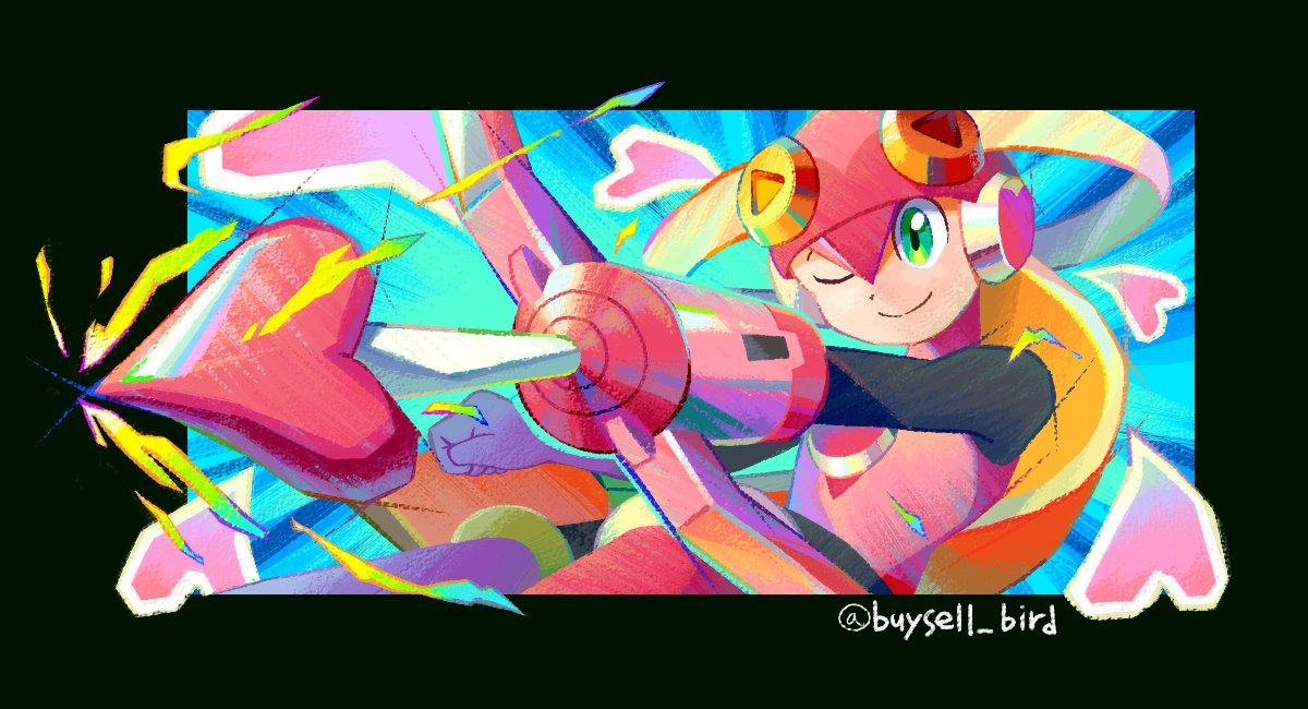 1girl, arm_cannon, arrow_(projectile), black_bodysuit, black_border, blonde_hair, blue_background, bodysuit, border, bow_(weapon), buysell_bird, commentary, green_eyes, heart, helmet, leotard, long_hair, mega_man_(series), mega_man_battle_network_(series), netnavi, one_eye_closed, pink_helmet, pink_leotard, roll.exe_(mega_man), smile, solo, twitter_username, upper_body, weapon