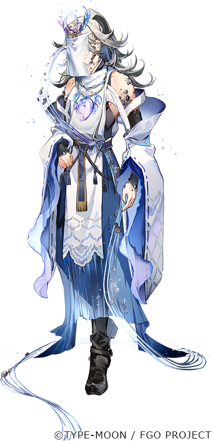 1boy, abalone, anmi, azumi-no-isora_(fate), black_footwear, blue_kimono, blue_sash, copyright_name, copyright_notice, coral_hair_ornament, covered_face, detached_sleeves, fate/grand_order, fate_(series), full_body, game_cg, grey_hair, hair_ornament, japanese_clothes, jewelry, kimono, long_hair, long_sleeves, magatama, magatama_necklace, male_focus, material_growth, necklace, official_art, oyster, ponytail, sash, see-through, see-through_veil, shoes, sleeveless, sleeveless_kimono, solo, standing, tachi-e, tassel, transparent_background, veil, veil_over_eyes, white_kimono, white_veil, wide_sleeves