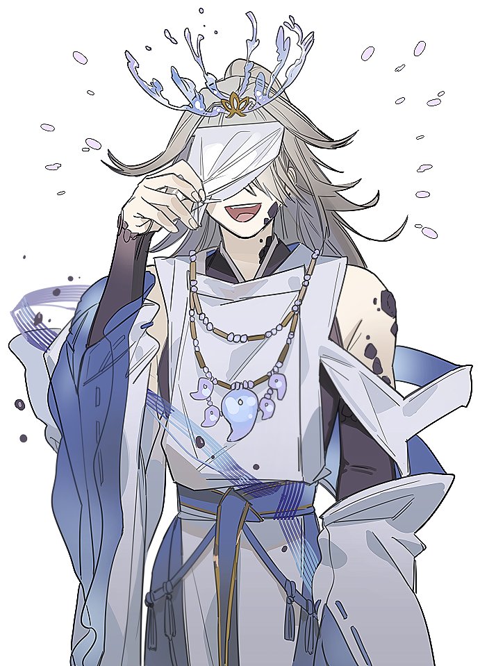 1boy, :d, azumi-no-isora_(fate), blue_kimono, blue_sash, clothing_cutout, coral, coral_hair_ornament
