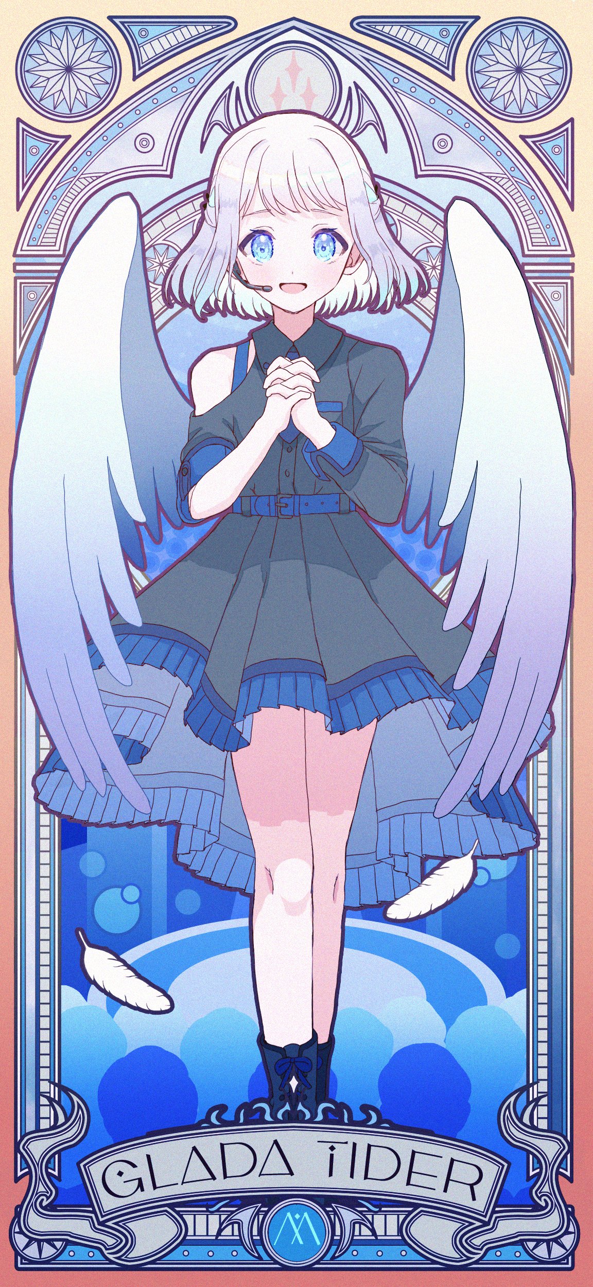 1girl, absurdres, asymmetrical_sleeves, belt, black_dress, blue_belt, blue_bra, blue_eyes, blue_necktie, blush, bra, bra_strap, clothing_cutout, commentary_request, dress, falling_feathers, feathered_wings, feathers, gakuen_idolmaster, grey_hair, hakusen_(idolmaster), headset, highres, idolmaster, interlocked_fingers, katsuragi_lilja, looking_at_viewer, maru51, necktie, own_hands_together, palms_together, short_hair, shoulder_cutout, single_bare_shoulder, smile, solo, tarot, tarot_(medium), underwear, white_wings, wings