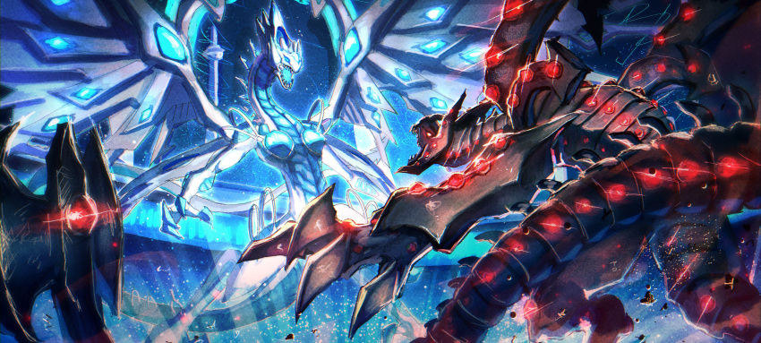 absurdres, battle, black_skin, black_wings, colored_skin, deep-eyes_white_dragon, dragon, duel_monster