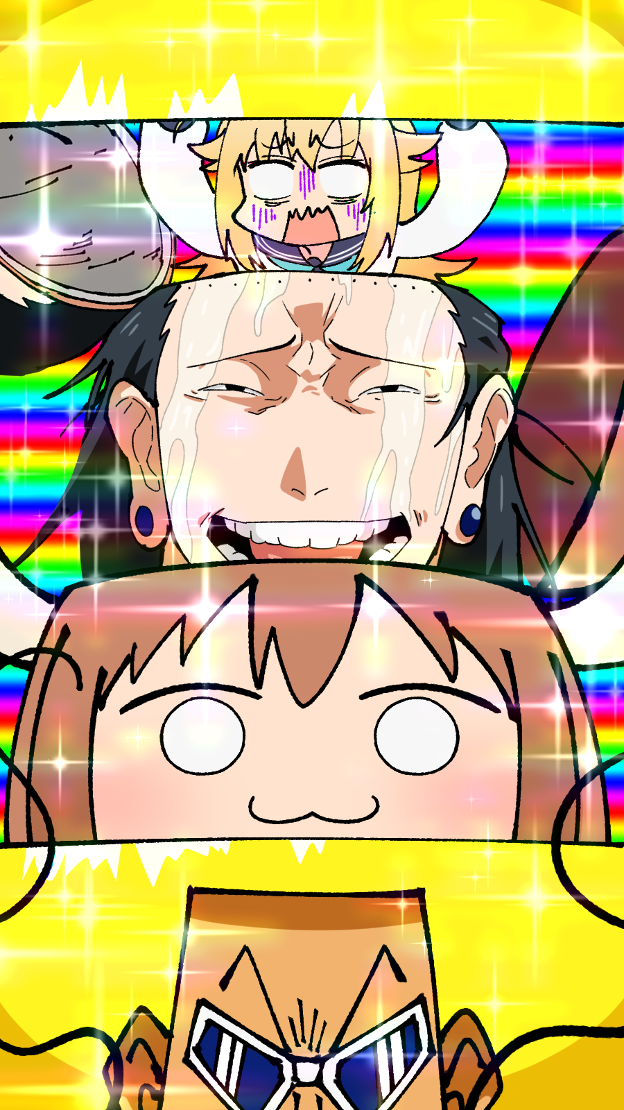 2boys, 2girls, :3, afro, black_hair, blank_eyes, blonde_hair, blue_sailor_collar, bobobo-bo_bo-bobo, bobobo-bo_bo-bobo_(character), brown_hair, closed_mouth, commentary, dark-skinned_male, dark_skin, getou_suguru, getou_suguru_(kenjaku), highres, joyoekaki, jujutsu_kaisen, koshi_torako, looking_at_viewer, matryoshka_doll, multiple_boys, multiple_girls, open_mouth, sailor_collar, school_uniform, shikanoko_noko, shikanoko_nokonoko_koshitantan, shirt, smile, straight-on, trait_connection, white_shirt