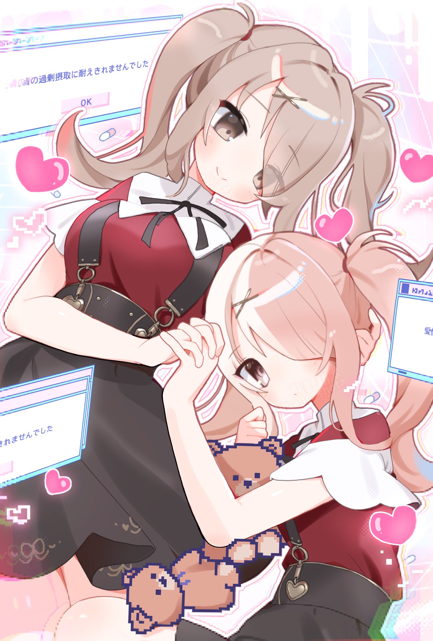 2girls, ame-chan_(needy_girl_overdose), ame-chan_(needy_girl_overdose)_(cosplay), black_ribbon, black_skirt, blonde_hair, brown_eyes, brown_hair