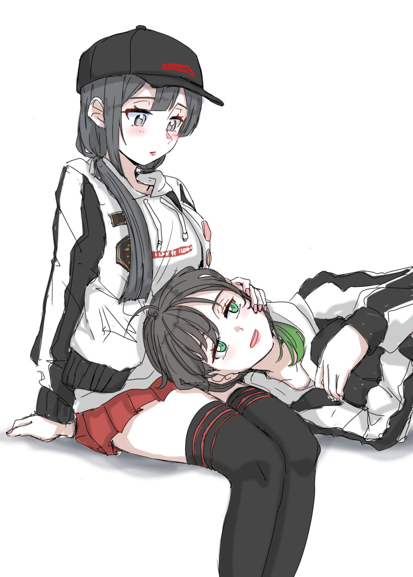2girls, alternate_costume, alternate_hairstyle, baseball_cap, black_hair, black_hat, black_shirt, black_thighhighs