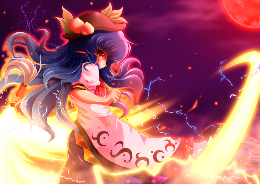 apron, aura, ayakawa_akito, blue_hair, dress, electricity, embers, fire