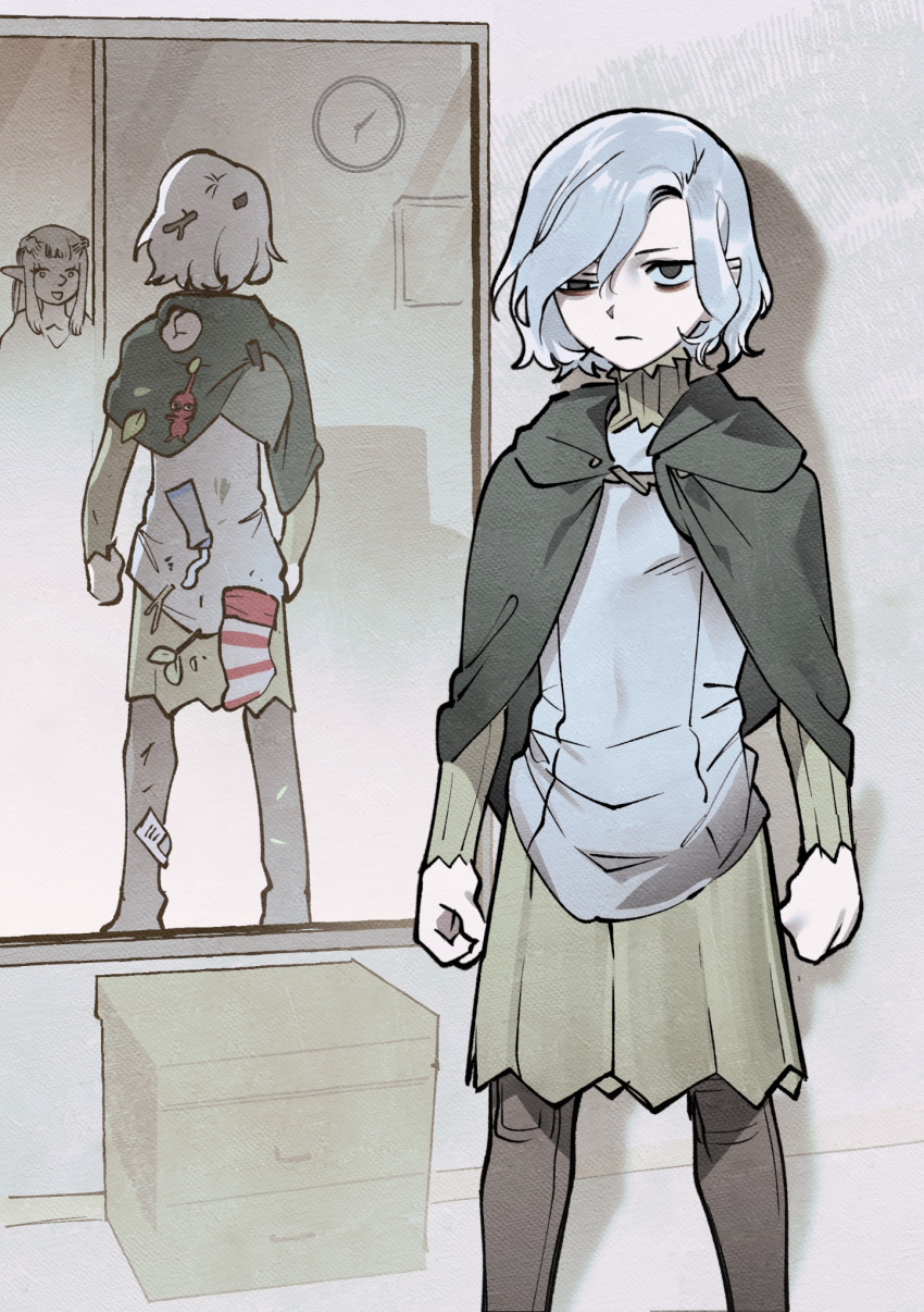 1boy, 1girl, bags_under_eyes, black_eyes, boots, cloak, clock, dungeon_meshi, elf, feet_out_of_frame, full-length_mirror, gapamopa, gorget, green_cloak, grey_hair, half-dressed_in_the_mirror_(meme), half_up_braid, highres, hood, hooded_cloak, indoors, lazy_eye, long_sleeves, looking_at_viewer, male_focus, mandrake, meme, mirror, mithrun, notched_ear, pattadol, pointy_ears, reflection, shirt, short_hair, smile, solo, standing, thigh_boots, trash, tunic, twig, uneven_eyes, wavy_hair