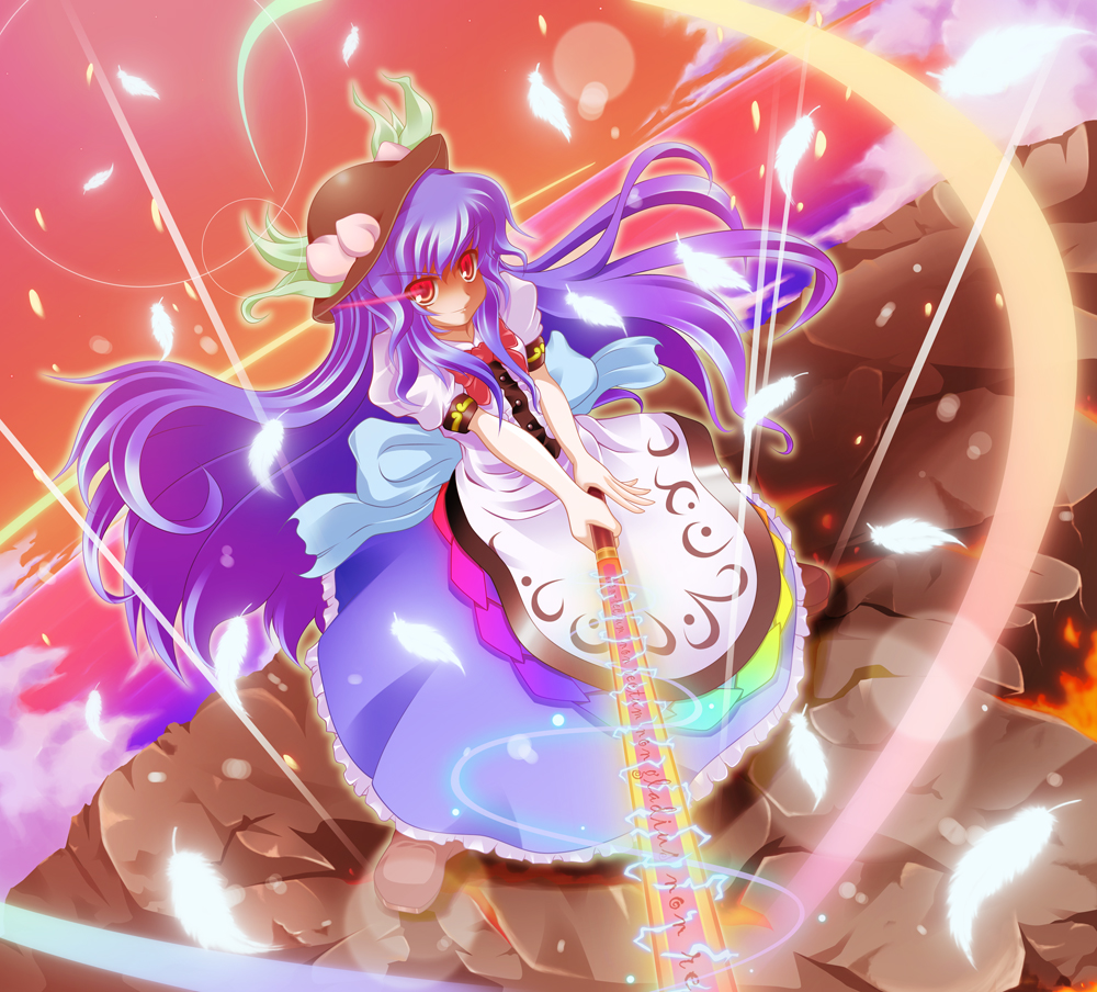 apron, ayakawa_akito, blue_hair, feathers, glowing_eyes, hat, hinanawi_tenshi, long_hair