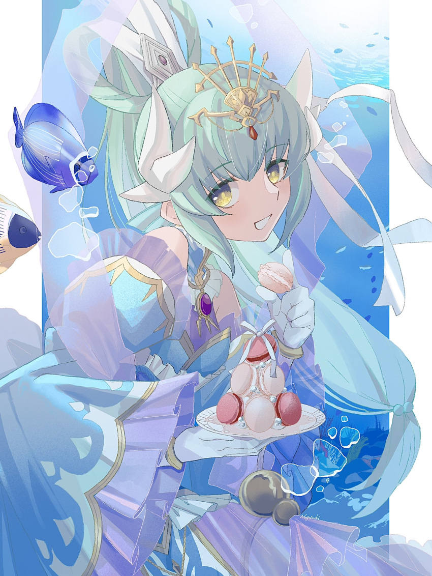 1girl, air_bubble, blue_hair, bubble, fate/grand_order, fate_(series), fish, food