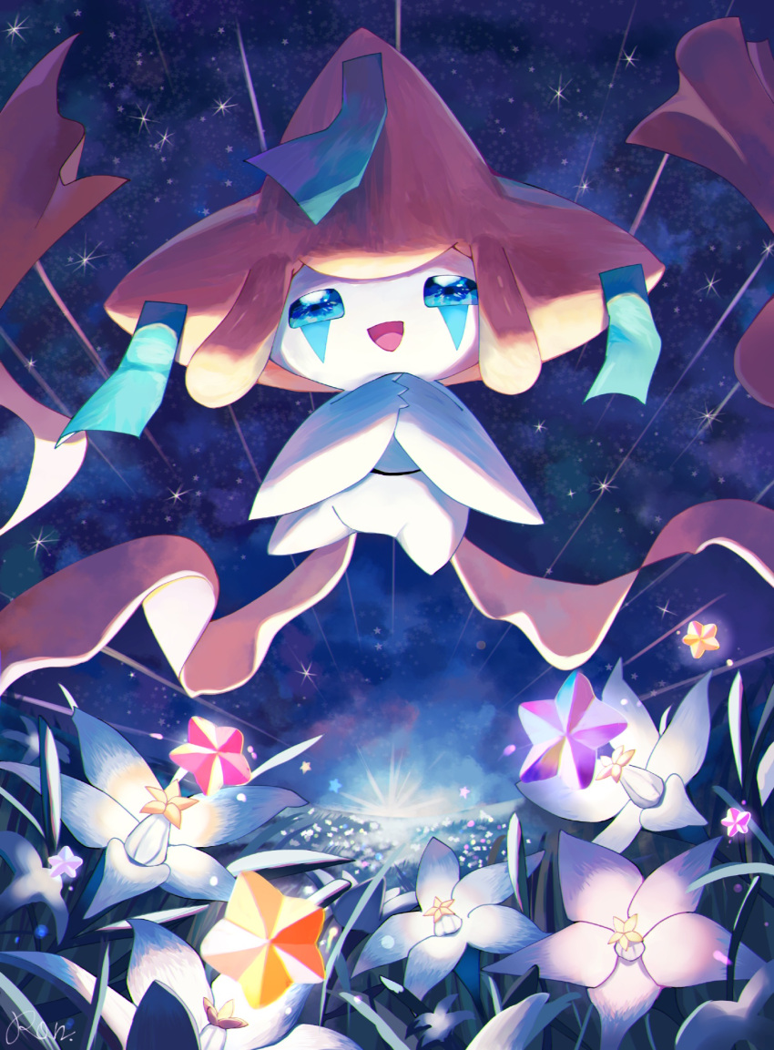 colored_skin, floating, flower, highres, jirachi, looking_at_viewer, midair, multicolored_skin, night, no_humans, one-eyed, open_mouth, pokemon, pokemon_(creature), rongai28, smile, star_(symbol), third_eye, two-tone_skin, white_skin, yellow_skin