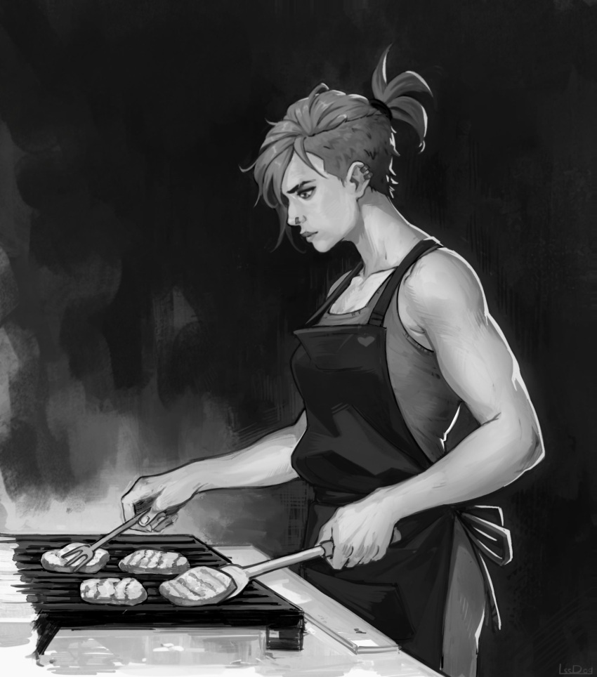 1girl, apron, arcane:_league_of_legends, arcane_vi, bare_shoulders, cooking, food, fork, grill, grilling, highres, holding, holding_spatula, league_of_legends, lssdog, meat, monochrome, muscular, muscular_female, nose_piercing, piercing, ponytail, shirt, signature, solo, spatula, steak, vi_(league_of_legends)