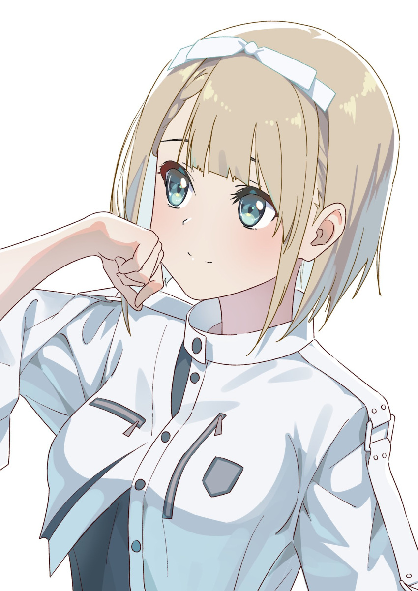 1girl, 22/7, blonde_hair, closed_mouth, furumoto, green_eyes, hairband, hand_on_own_chest, highres, looking_to_the_side, multicolored_clothes, ribbon, saito_nicole, short_hair, simple_background, solo, upper_body, white_background, white_hairband, white_ribbon