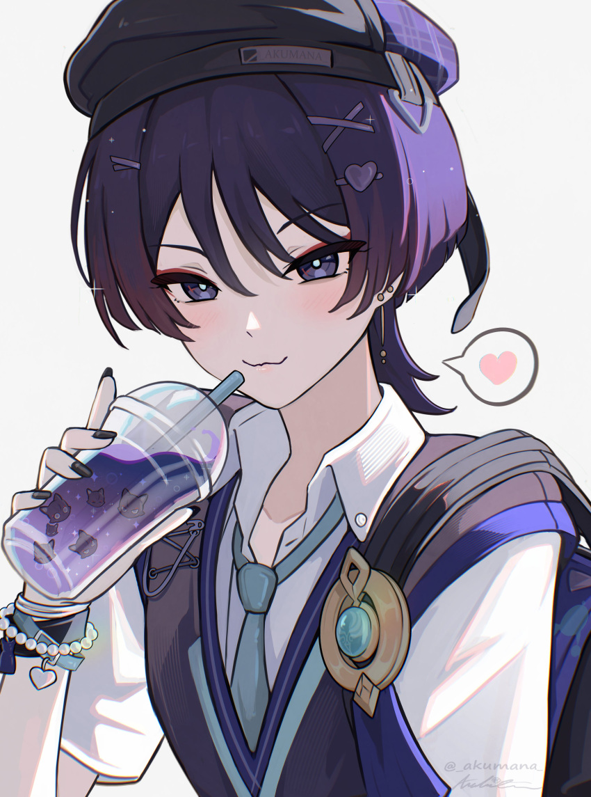 1boy, :3, absurdres, akumana, alternate_costume, aqua_necktie, bag, beret