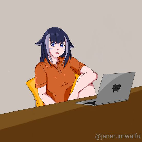 1girl, indie_virtual_youtuber, laptop, long_hair, shylily, sitting, uncle_roger, virtual_youtuber