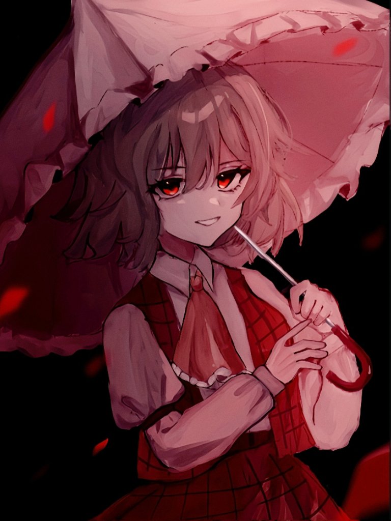 1girl, :d, ascot, black_background, collared_shirt, green_hair, holding, holding_umbrella