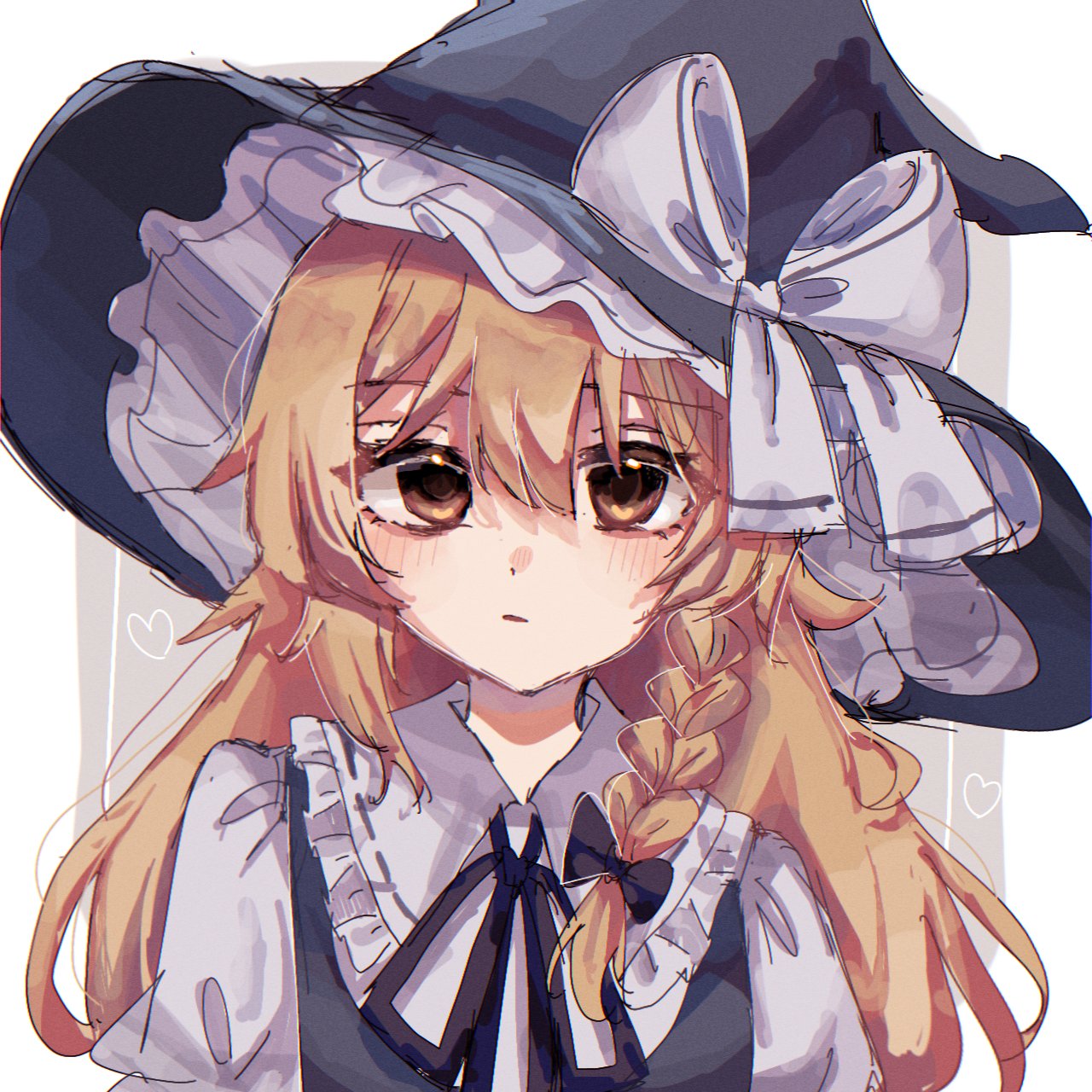 1girl, apron, black_bow, black_hat, black_ribbon, blonde_hair, blush, bow