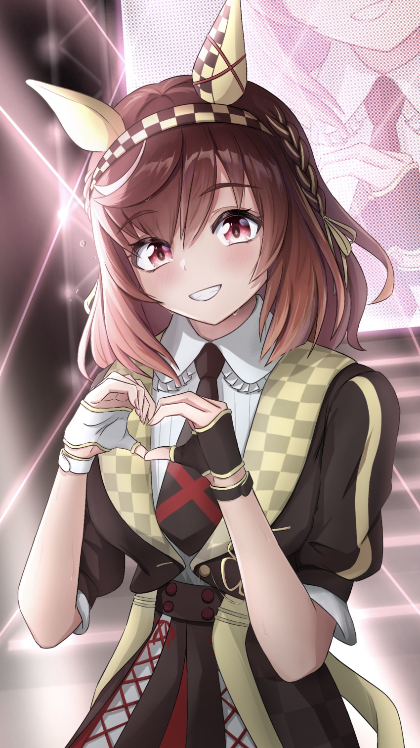 1girl, animal_ears, braid, breasts, brown_hair, buena_vista_(umamusume)_(old_design), commentary_request, grin, hair_between_eyes, hair_ornament, headband, heart, heart_hands, highres, horse_ears, horse_girl, looking_at_viewer, medium_breasts, medium_hair, necktie, pilinthia, smile, solo, stage, sweat, umamusume, violet_eyes