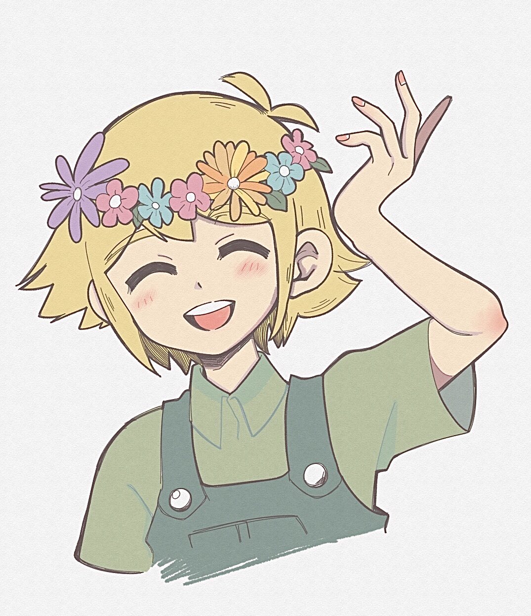 1boy, arm_up, basil_(faraway)_(omori), basil_(omori), blonde_hair, closed_eyes, collared_shirt, flower, green_overalls, green_shirt, grey_background, head_wreath, highres, omori, open_mouth, shirotsume_143, shirt, short_hair, short_sleeves, simple_background, solo, teeth, upper_body, upper_teeth_only