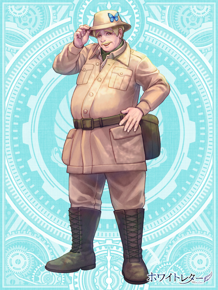 1boy, :d, adjusting_clothes, adjusting_headwear, alpaca_connect, belt, blonde_hair, blue_background