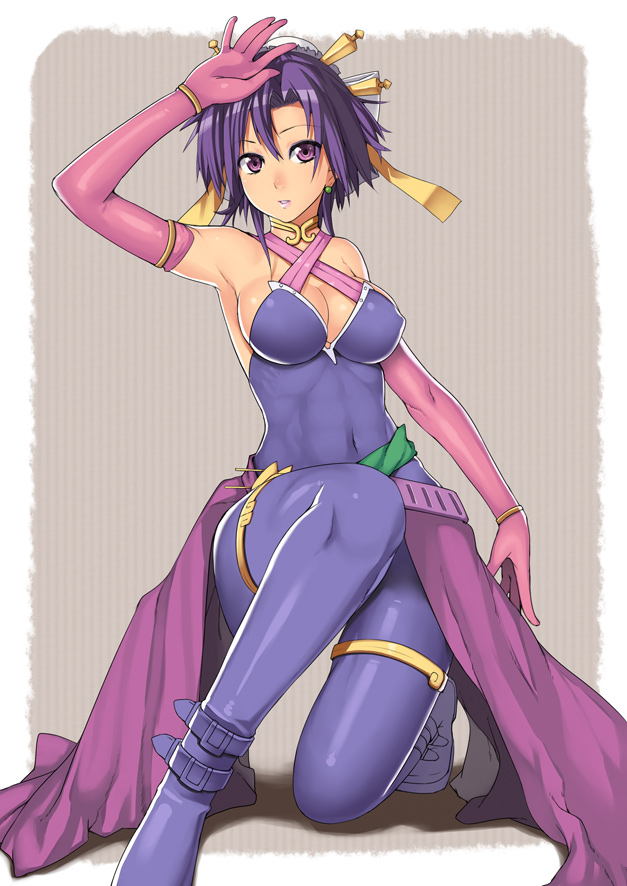 belt, breasts, cleavage, earrings, elbow_gloves, fushigi_no_dungeon, fuurai_no_shiren, gloves, jewelry, kneeling, large_breasts, nagase_haruhito, oryuu, purple_eyes, purple_hair, short_hair, solo, violet_eyes