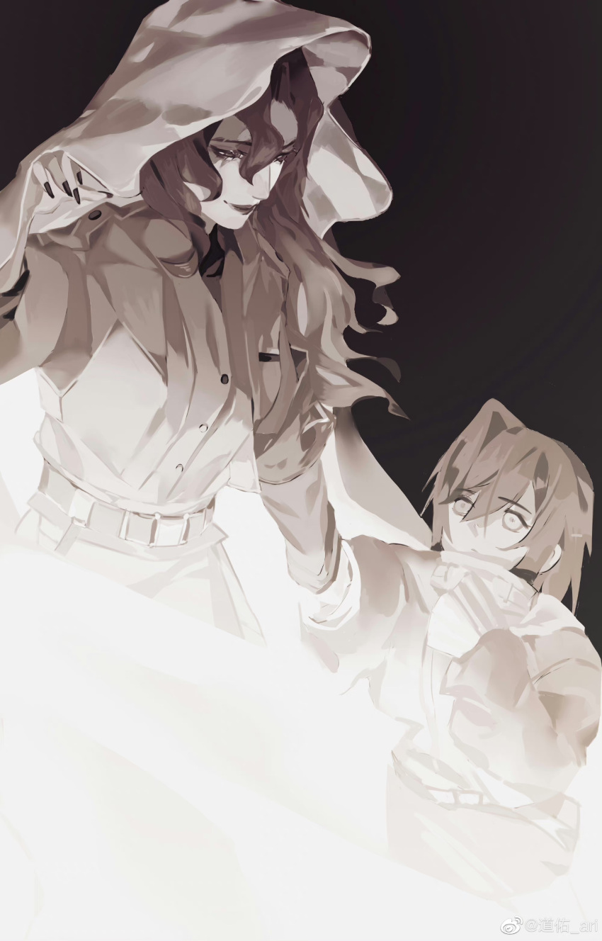 2girls, absurdres, aged_down, black_background, child, chinese_commentary, cloak, coat